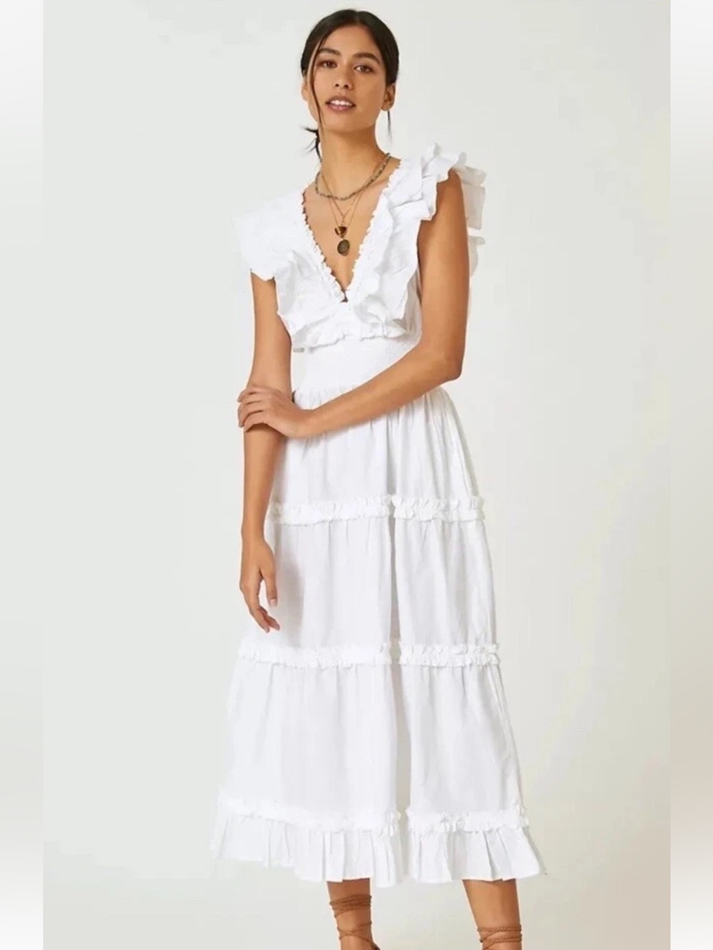 CAROLINE CONSTAS Ruffled Neck Tiered Maxi Dress - Excellent Pre-loved, Large